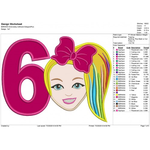 Jojo Siwa Number 6 Applique Design