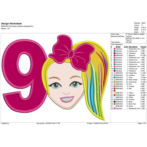 Jojo Siwa Number 9 Applique Design