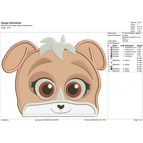 Keia Peeker Puppy Dog Pals Applique Design