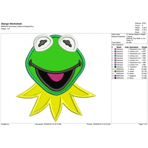 Kermit The Muppets Applique Design