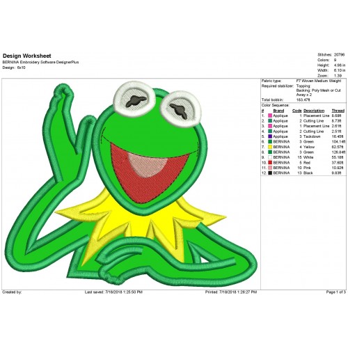 Kermit the Frog Puppet Applique Design