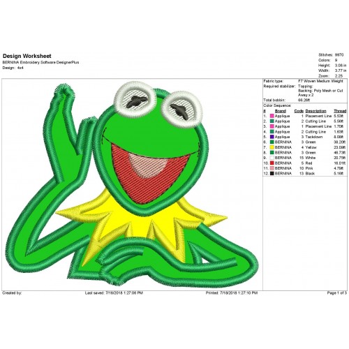 Kermit the Frog Puppet Applique Design