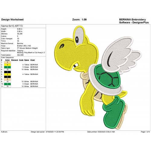 Koopa Troopa Turtle Embroidery Design Embr