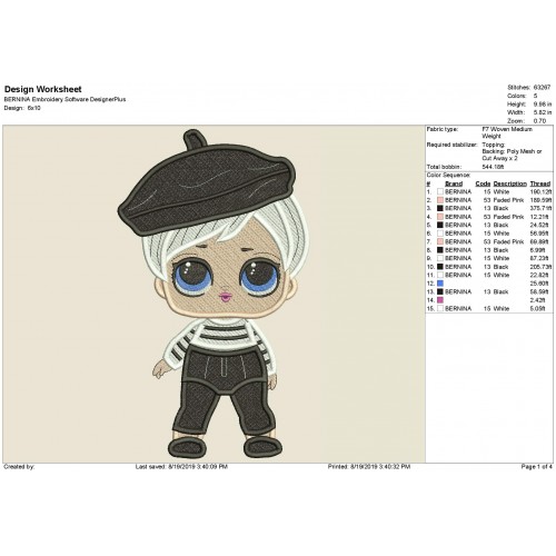 LOL Surprise Doll Beatnik Babe Filled Embroidery Design