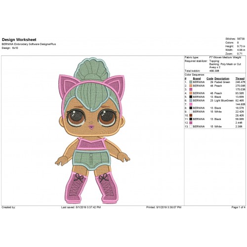 LOL Surprise Doll Kitty Queen Filled Embroidery Design