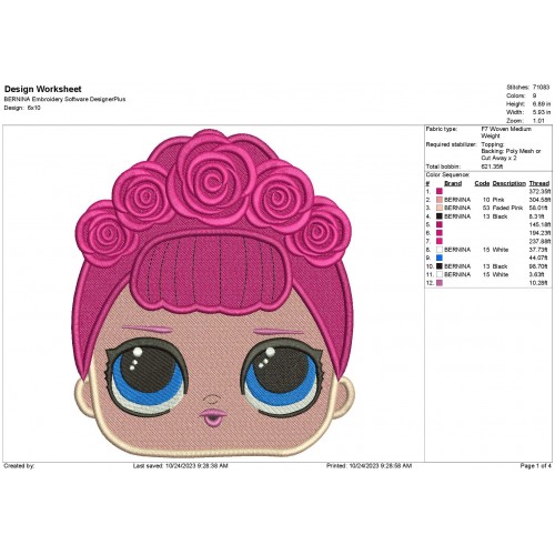 LOL Surprise Doll Sugar Queen Face Embroidery Design