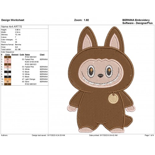 Labubu Embroidery Design Filling Stitch
