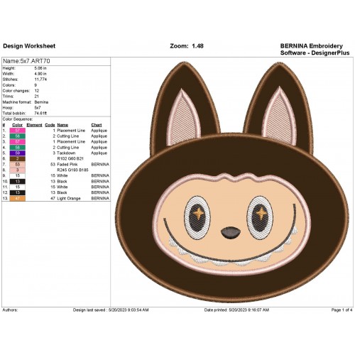 Labubu Head Applique Design