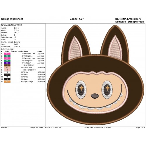 Labubu Head Applique Design