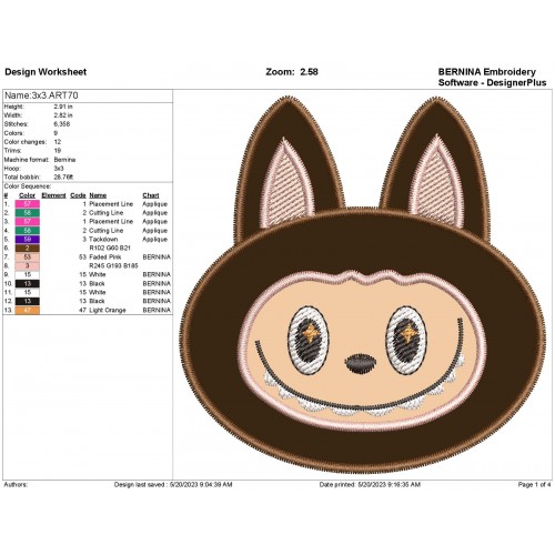 Labubu Head Applique Design