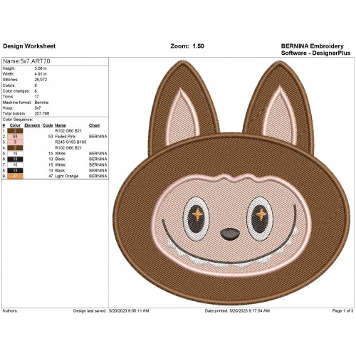 Labubu Head Embroidery Design