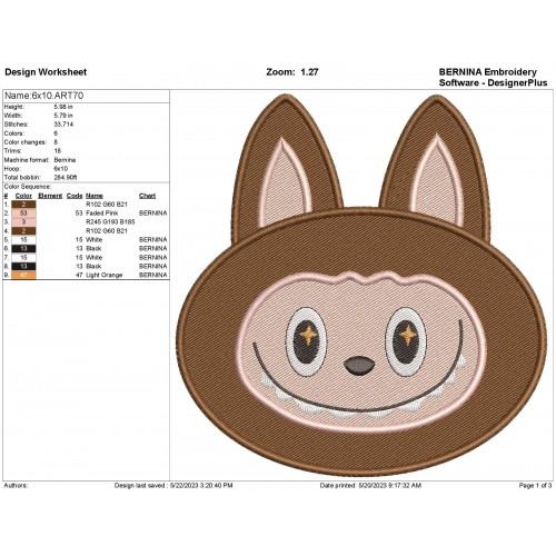 Labubu Head Embroidery Design