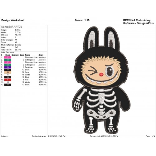 Labubu Skeleton Applique Design
