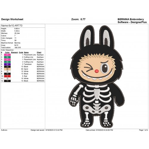 Labubu Skeleton Applique Design