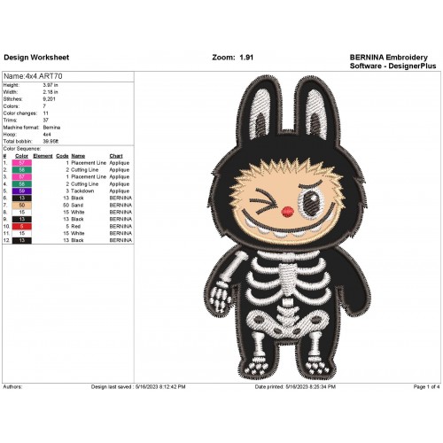 Labubu Skeleton Applique Design