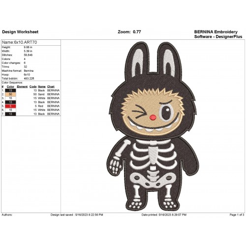 Labubu Skeleton Embroidery Design