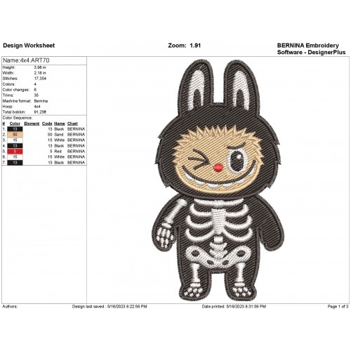 Labubu Skeleton Embroidery Design