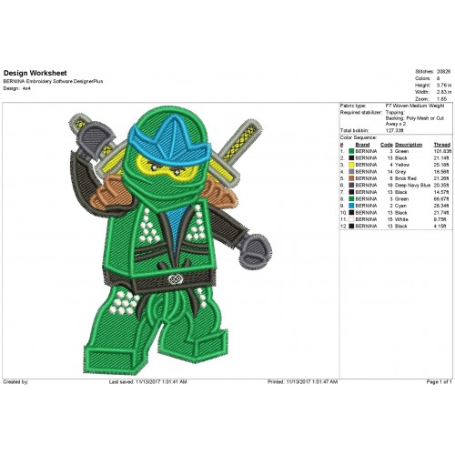 Lego Green Ninja Embroidery Design