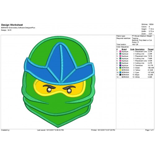 Lego Green Ninja Face Applique Design