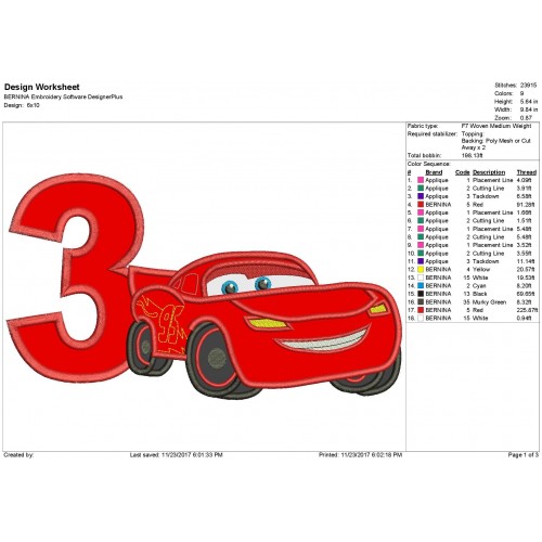 Lightning Mcqueen 3rd Birthday Applique Design