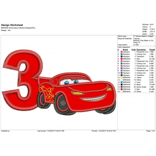 Lightning Mcqueen 3rd Birthday Applique Design