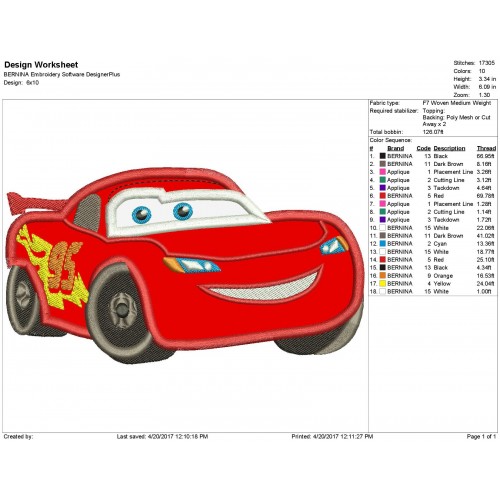 Lightning Mcqueen Embroidery Applique Design