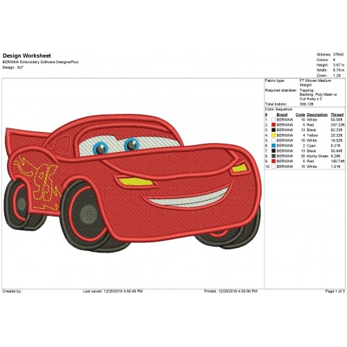 Lightning Mcqueen Fill Stitch Embroidery Design