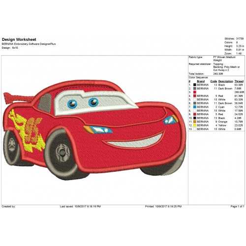 Lightning Mcqueen Filled Embroidery Design