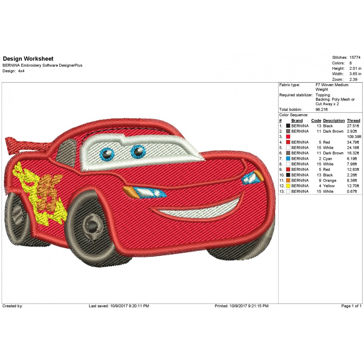 Lightning McQueen Filled Embroidery Design