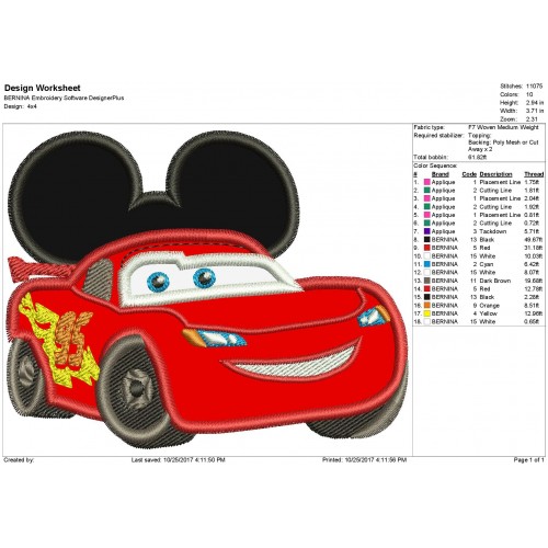 Lightning Mcqueen Mickey Ears Applique Design