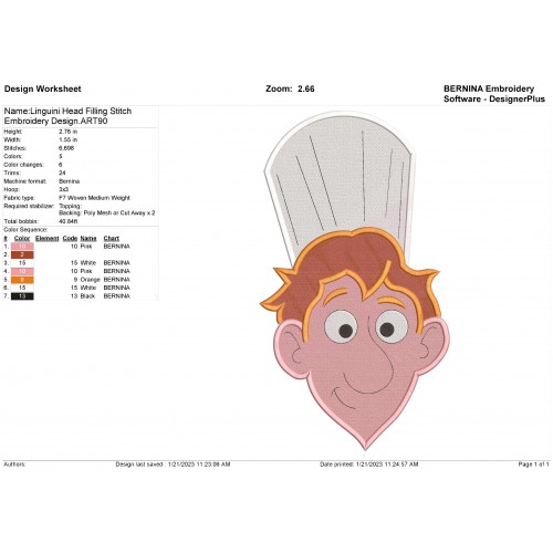 Linguini Head Filling Stitch Embroidery Design