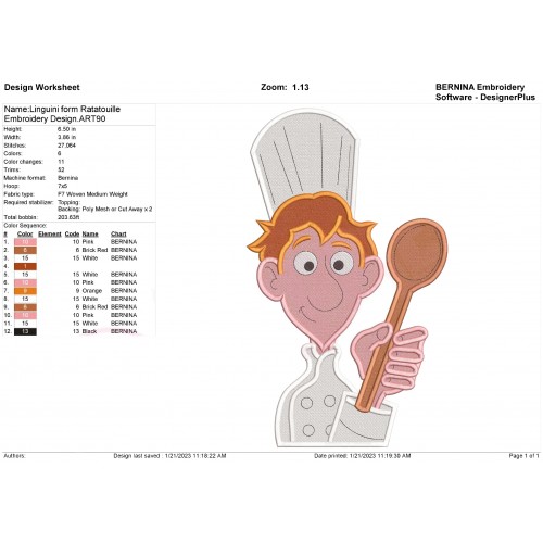 Linguini form Ratatouille Embroidery Design
