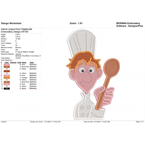 Linguini form Ratatouille Embroidery Design