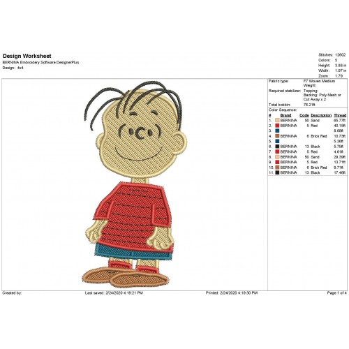 Linus Peanuts Filled Stitch Embroidery Design