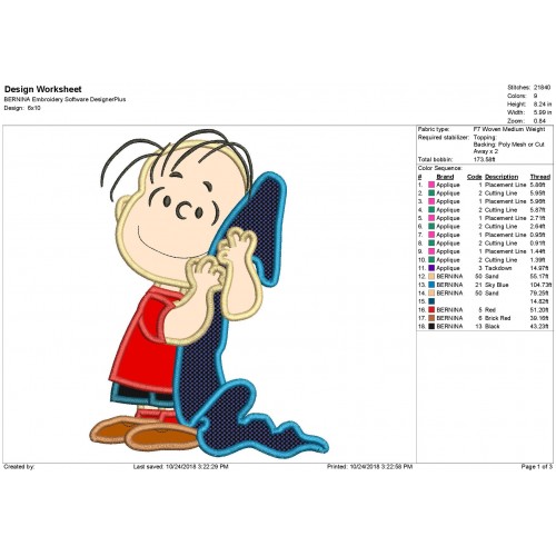Linus Peanuts with his Blanket Applique Design