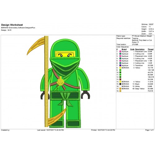 Lloyd Green Lego Ninjago Applique Design