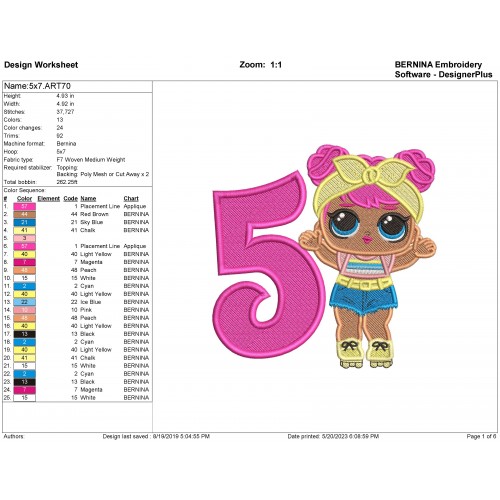 Lol Surprise Dolls Dawn 5th Birthday Embroidery Design