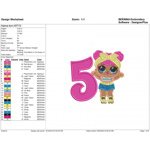 Lol Surprise Dolls Dawn 5th Birthday Embroidery Design