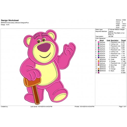 Lotso Toy Story Applique Design