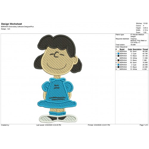 Lucy Peanuts Filled Stitch Embroidery Design