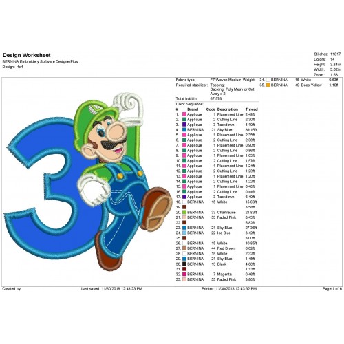 Luigi with a Number 3 Applique Design
