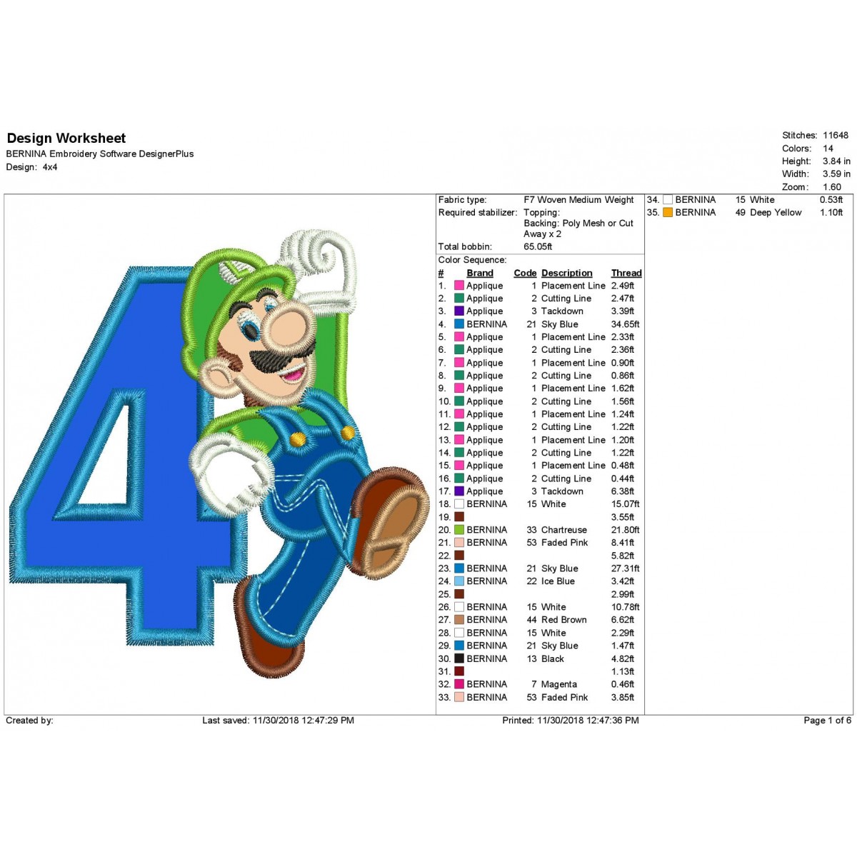 Download Luigi with a Number 4 Applique Design