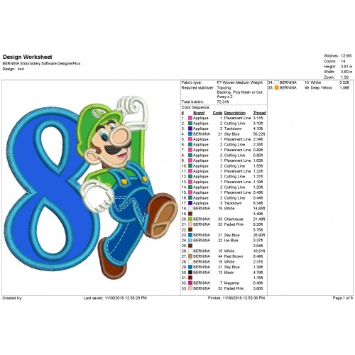 Luigi with a Number 8 Applique Design