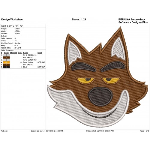 MR Wolf The Bad Guys Filled Embroidery Design