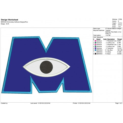 M and Eyeball Monsters Inc Applique
