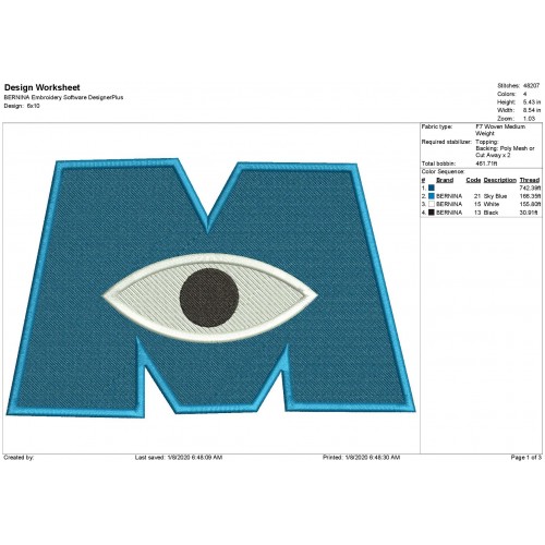 M and Eyeball Monsters Inc Fill Stitch Embroidery Design