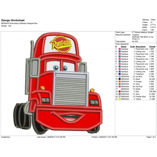 Mack Truck Disney Cars Applique Design