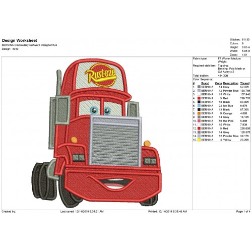 Mack Truck Disney Cars Fill Stitch Embroidery Design