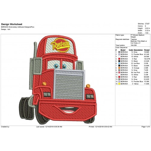 Mack Truck Disney Cars Fill Stitch Embroidery Design