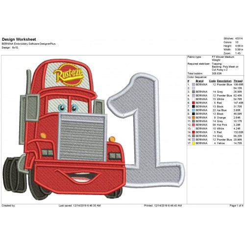 Mack Truck Number 1 Fill Stitch Embroidery Design